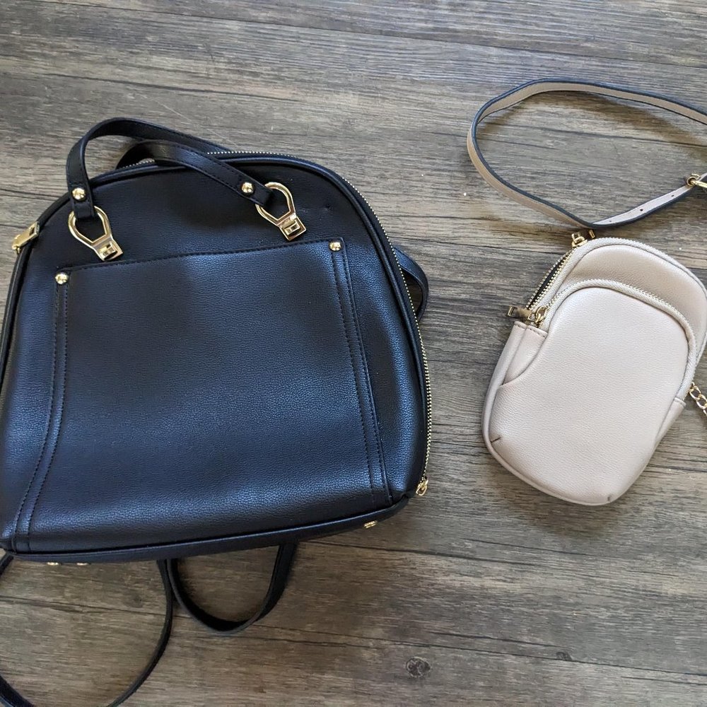BLACK CONVERTIBLE PURSE - BACKPACK BAG - AND - TAUPE MINI SHOULDER BAG - NWOT